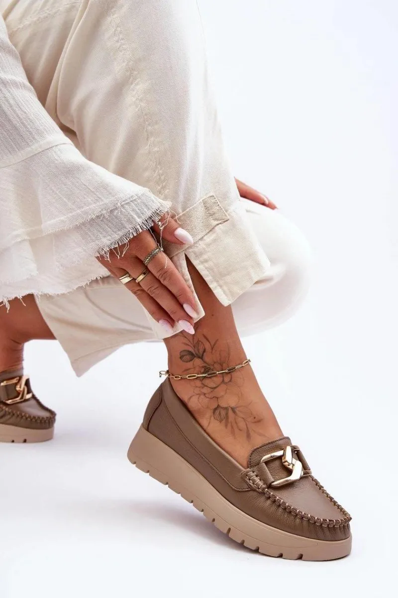 Hot Zazoo 10141 Skórzane Mokasyny Na Platformie Z Ozdobą Ciemnobeżowe