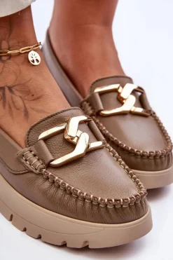 Hot Zazoo 10141 Skórzane Mokasyny Na Platformie Z Ozdobą Ciemnobeżowe