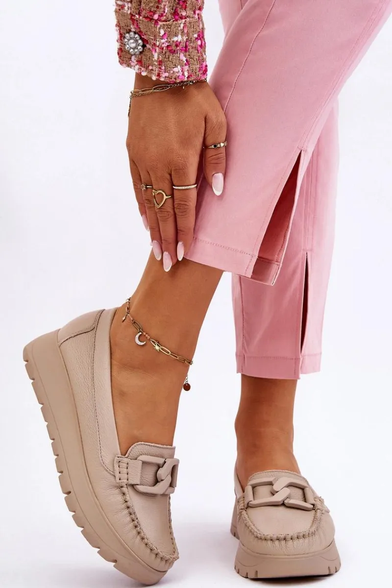 Mokasyny Damskie Skórzane|Mokasyny Na Platformie>Zazoo 10141 Skórzane Mokasyny Na Platformie Z Ozdobą Beżowe