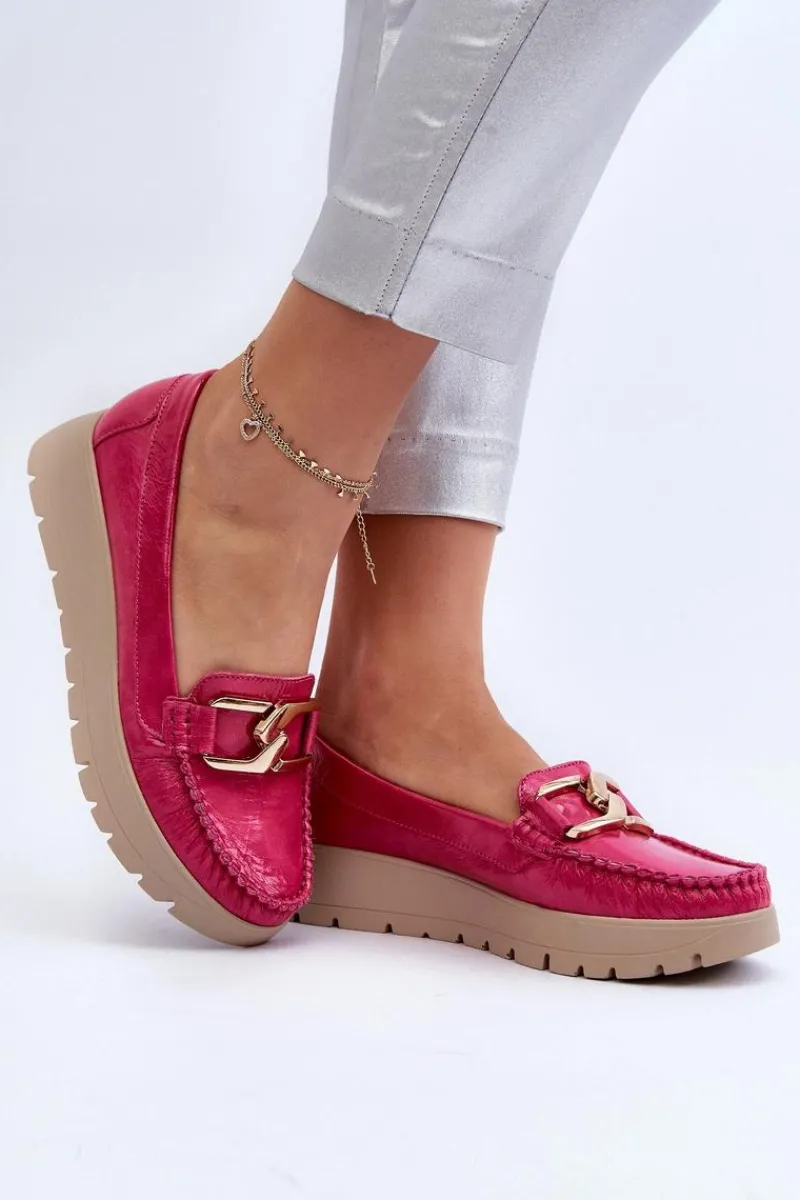 New 10141 Skórzane Mokasyny Na Platformie Z Ozdobą Fuksja Damskie Mokasyny Damskie Skórzane|Mokasyny Na Platformie