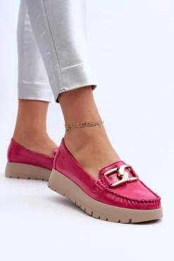 New 10141 Skórzane Mokasyny Na Platformie Z Ozdobą Fuksja Damskie Mokasyny Damskie Skórzane|Mokasyny Na Platformie