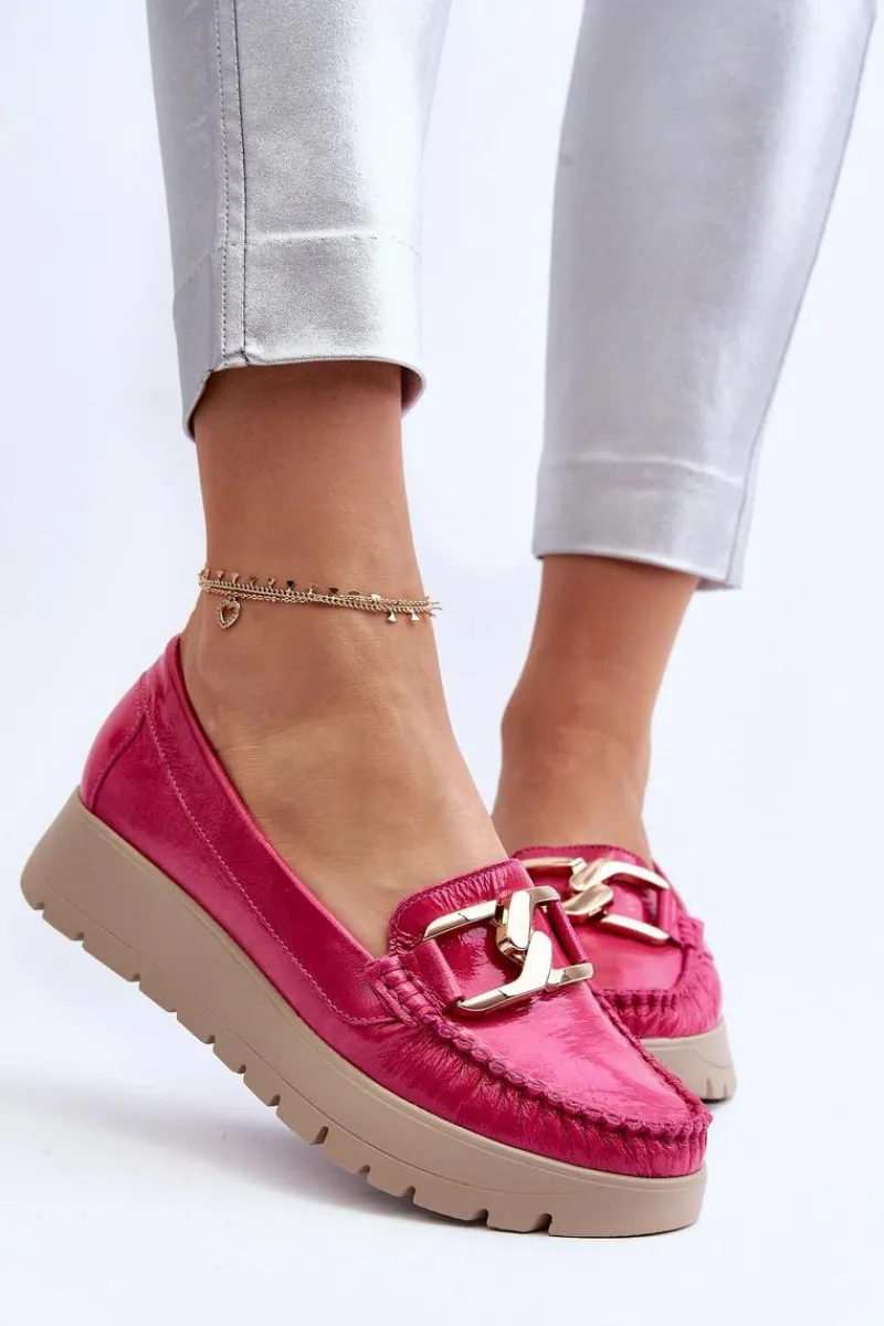 New 10141 Skórzane Mokasyny Na Platformie Z Ozdobą Fuksja Damskie Mokasyny Damskie Skórzane|Mokasyny Na Platformie