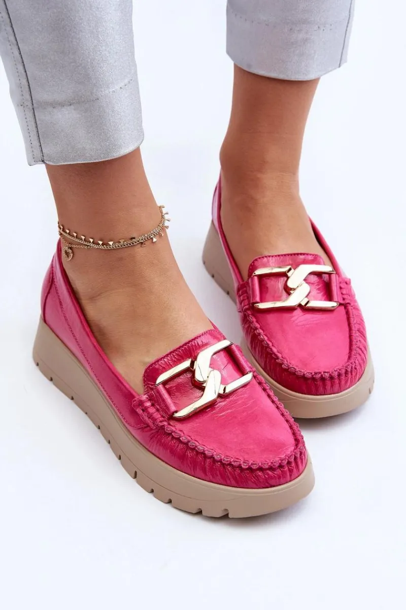 New 10141 Skórzane Mokasyny Na Platformie Z Ozdobą Fuksja Damskie Mokasyny Damskie Skórzane|Mokasyny Na Platformie