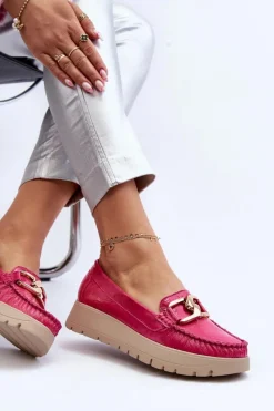New 10141 Skórzane Mokasyny Na Platformie Z Ozdobą Fuksja Damskie Mokasyny Damskie Skórzane|Mokasyny Na Platformie