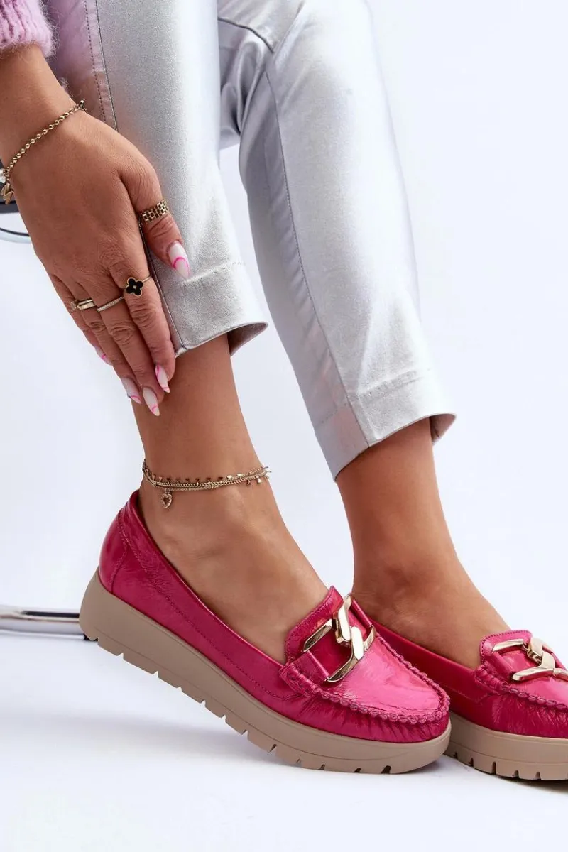 New 10141 Skórzane Mokasyny Na Platformie Z Ozdobą Fuksja Damskie Mokasyny Damskie Skórzane|Mokasyny Na Platformie