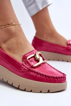 New 10141 Skórzane Mokasyny Na Platformie Z Ozdobą Fuksja Damskie Mokasyny Damskie Skórzane|Mokasyny Na Platformie