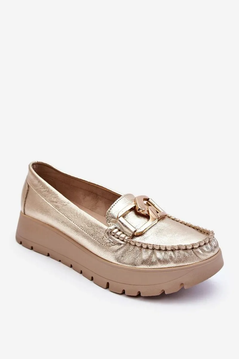 New Zazoo 10141 Skórzane Mokasyny Na Platformie Z Ozdobą Złote