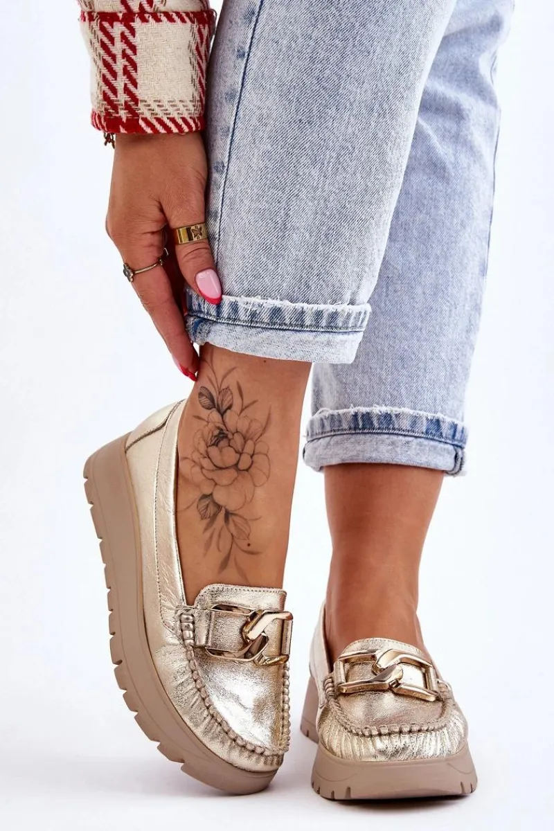 New Zazoo 10141 Skórzane Mokasyny Na Platformie Z Ozdobą Złote