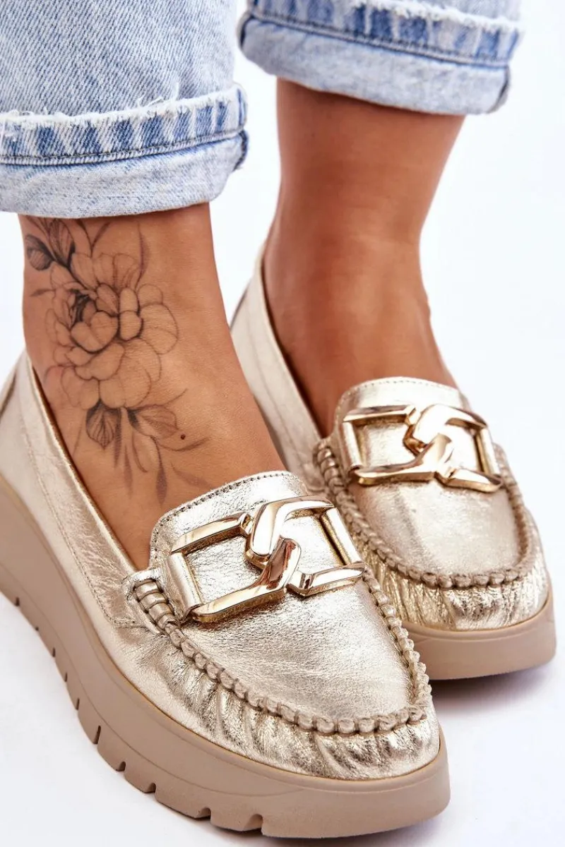 New Zazoo 10141 Skórzane Mokasyny Na Platformie Z Ozdobą Złote