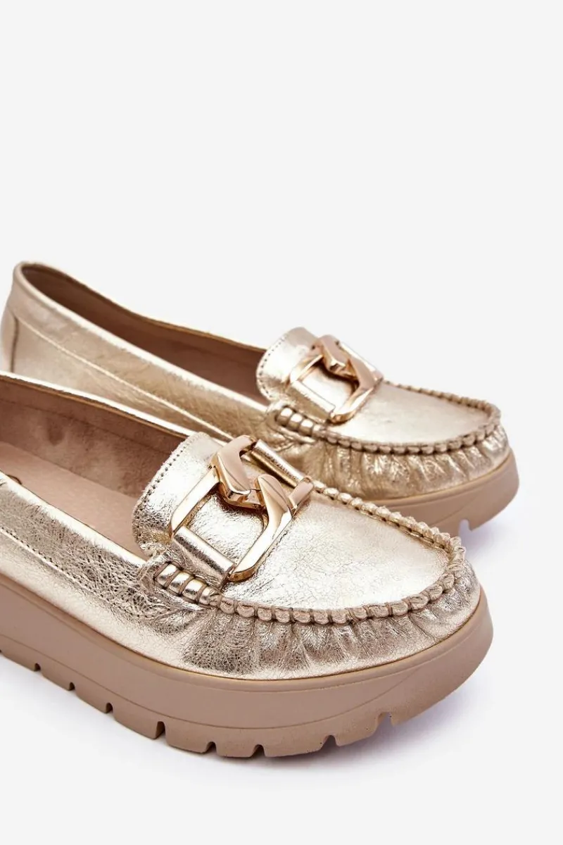 New Zazoo 10141 Skórzane Mokasyny Na Platformie Z Ozdobą Złote
