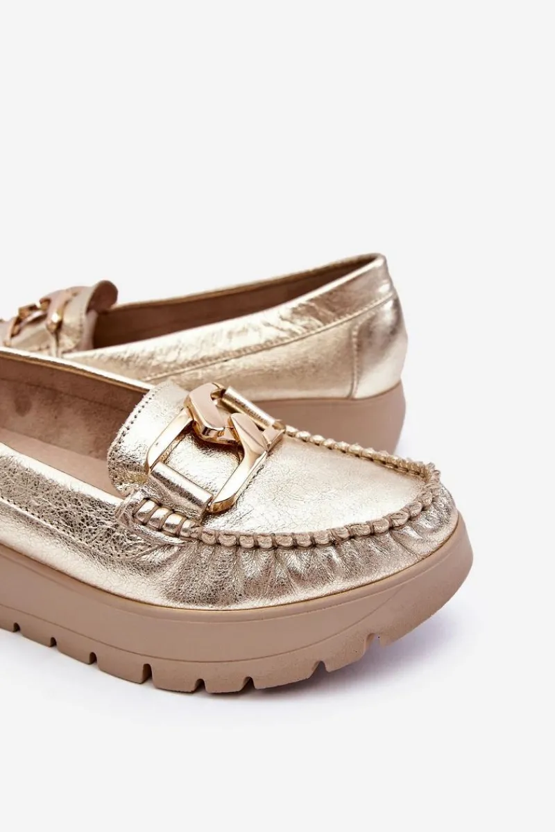 New Zazoo 10141 Skórzane Mokasyny Na Platformie Z Ozdobą Złote
