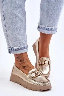 New Zazoo 10141 Skórzane Mokasyny Na Platformie Z Ozdobą Złote