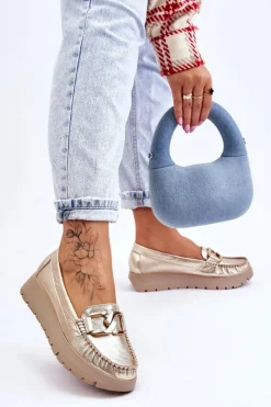 New Zazoo 10141 Skórzane Mokasyny Na Platformie Z Ozdobą Złote