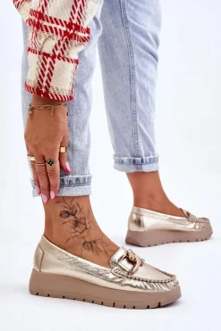 New Zazoo 10141 Skórzane Mokasyny Na Platformie Z Ozdobą Złote