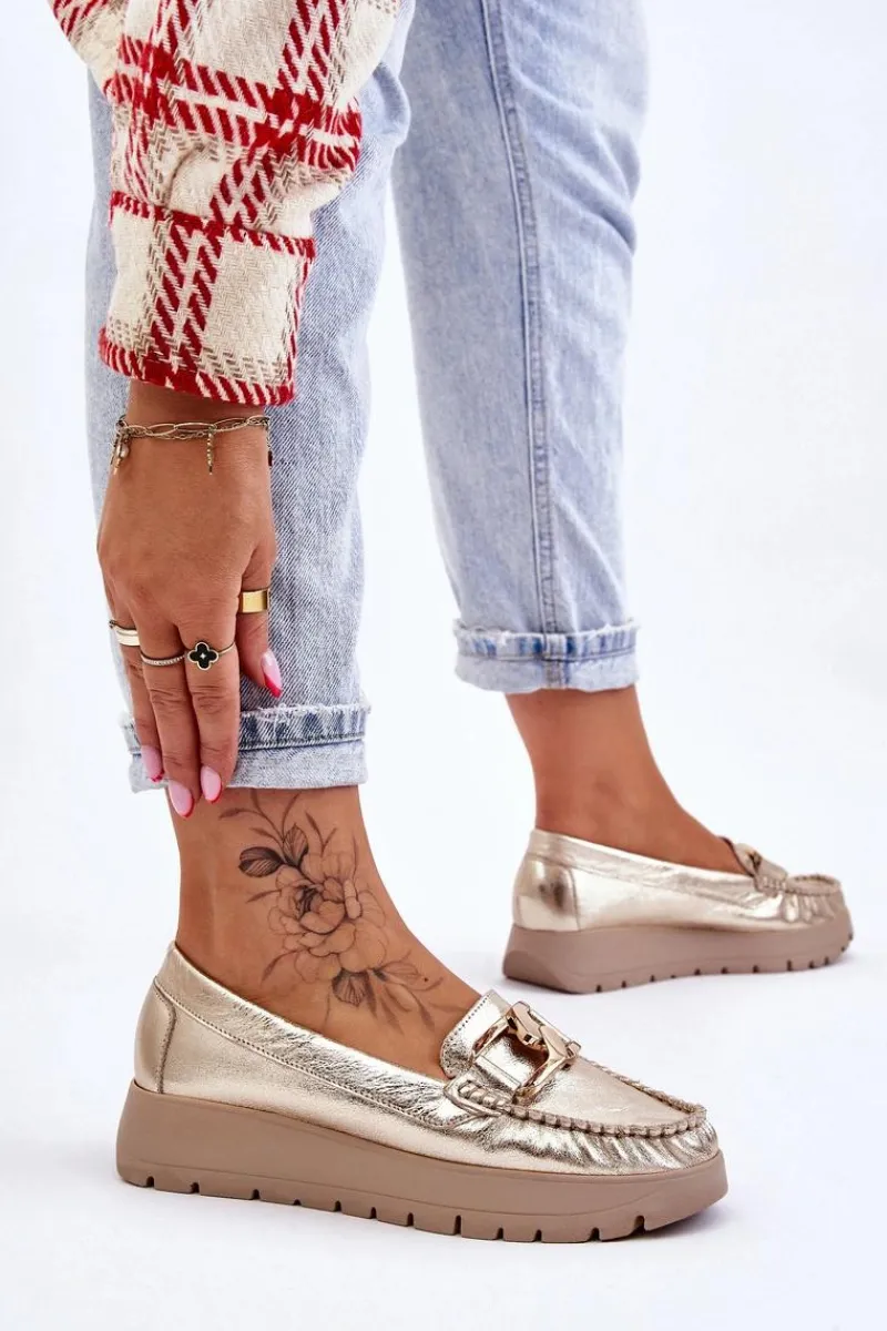 New Zazoo 10141 Skórzane Mokasyny Na Platformie Z Ozdobą Złote
