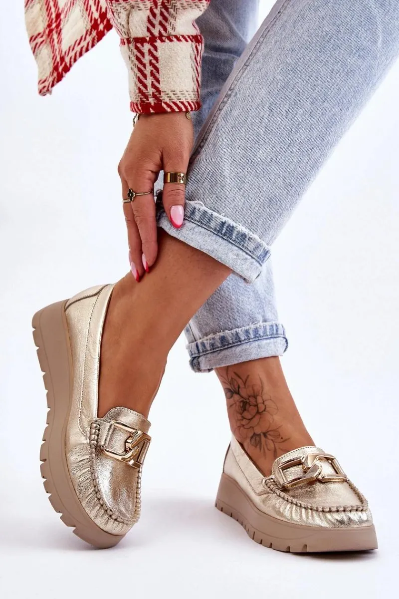 New Zazoo 10141 Skórzane Mokasyny Na Platformie Z Ozdobą Złote