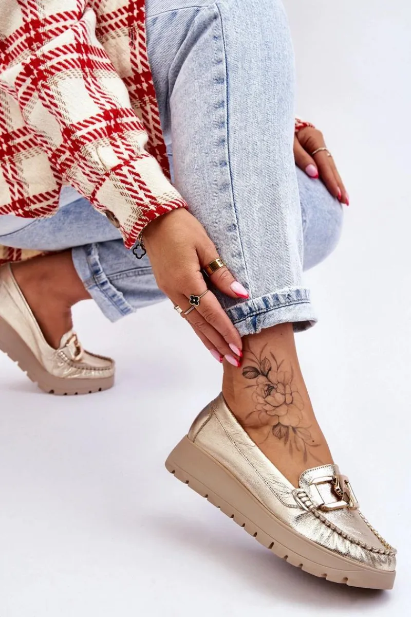 New Zazoo 10141 Skórzane Mokasyny Na Platformie Z Ozdobą Złote