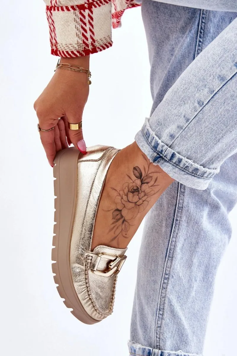 New Zazoo 10141 Skórzane Mokasyny Na Platformie Z Ozdobą Złote