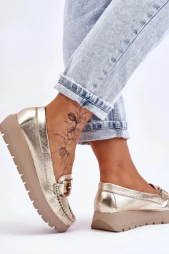 New Zazoo 10141 Skórzane Mokasyny Na Platformie Z Ozdobą Złote