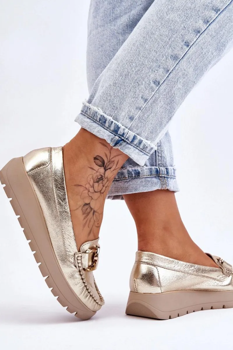 New Zazoo 10141 Skórzane Mokasyny Na Platformie Z Ozdobą Złote