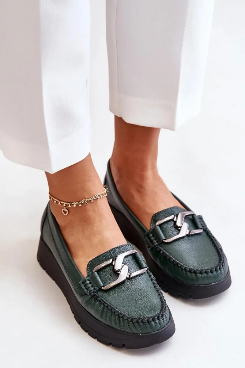 Hot Zazoo 10141 Skórzane Mokasyny Na Platformie Z Ozdobą Ciemnozielone Zielony