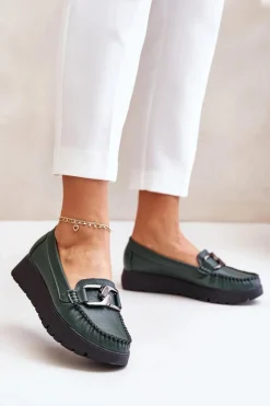 Hot Zazoo 10141 Skórzane Mokasyny Na Platformie Z Ozdobą Ciemnozielone Zielony