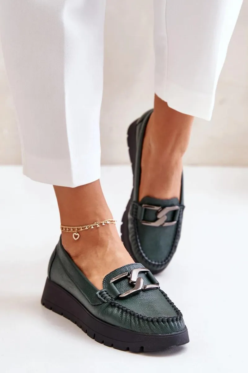 Hot Zazoo 10141 Skórzane Mokasyny Na Platformie Z Ozdobą Ciemnozielone Zielony