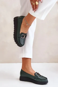 Hot Zazoo 10141 Skórzane Mokasyny Na Platformie Z Ozdobą Ciemnozielone Zielony