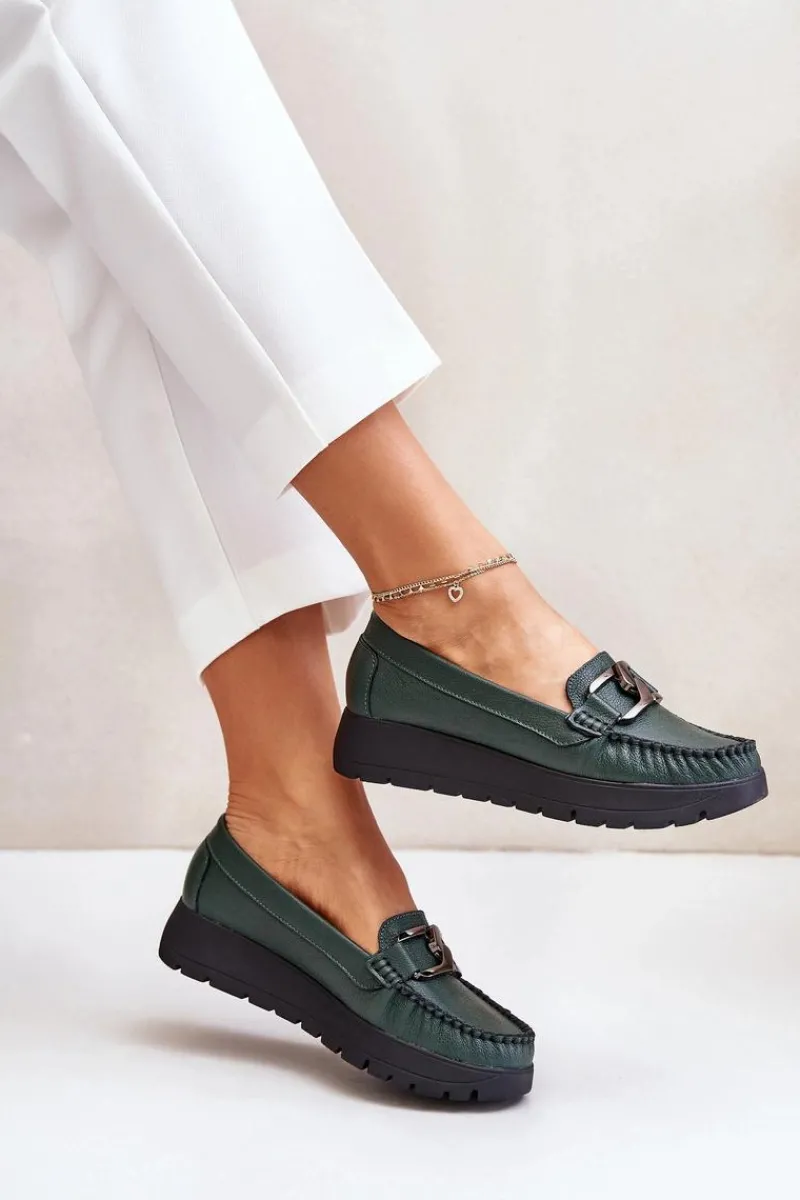 Hot Zazoo 10141 Skórzane Mokasyny Na Platformie Z Ozdobą Ciemnozielone Zielony