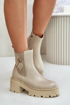 New 60490 Skórzane Ocieplane Botki Z Ozdobą Jasnobeżowe Damskie Botki Ocieplane|Botki Zimowe Damskie