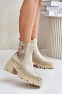 New 60490 Skórzane Ocieplane Botki Z Ozdobą Jasnobeżowe Damskie Botki Ocieplane|Botki Zimowe Damskie