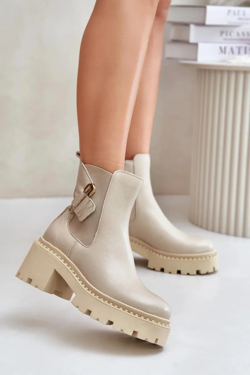 New 60490 Skórzane Ocieplane Botki Z Ozdobą Jasnobeżowe Damskie Botki Ocieplane|Botki Zimowe Damskie