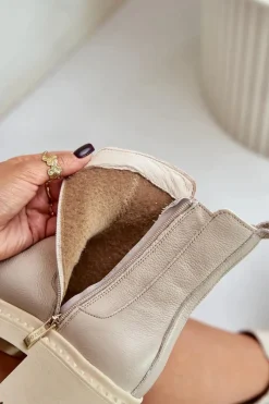 New 60490 Skórzane Ocieplane Botki Z Ozdobą Jasnobeżowe Damskie Botki Ocieplane|Botki Zimowe Damskie