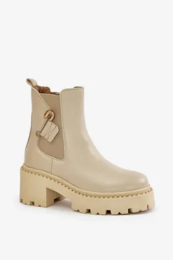 New 60490 Skórzane Ocieplane Botki Z Ozdobą Jasnobeżowe Damskie Botki Ocieplane|Botki Zimowe Damskie