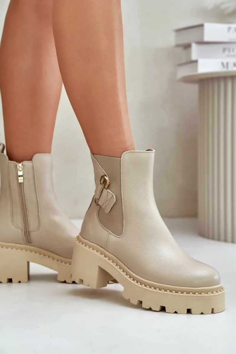 New 60490 Skórzane Ocieplane Botki Z Ozdobą Jasnobeżowe Damskie Botki Ocieplane|Botki Zimowe Damskie