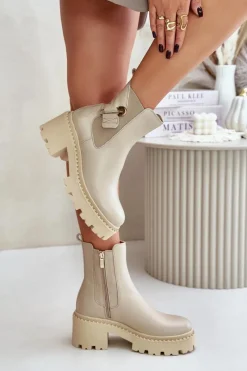 New 60490 Skórzane Ocieplane Botki Z Ozdobą Jasnobeżowe Damskie Botki Ocieplane|Botki Zimowe Damskie