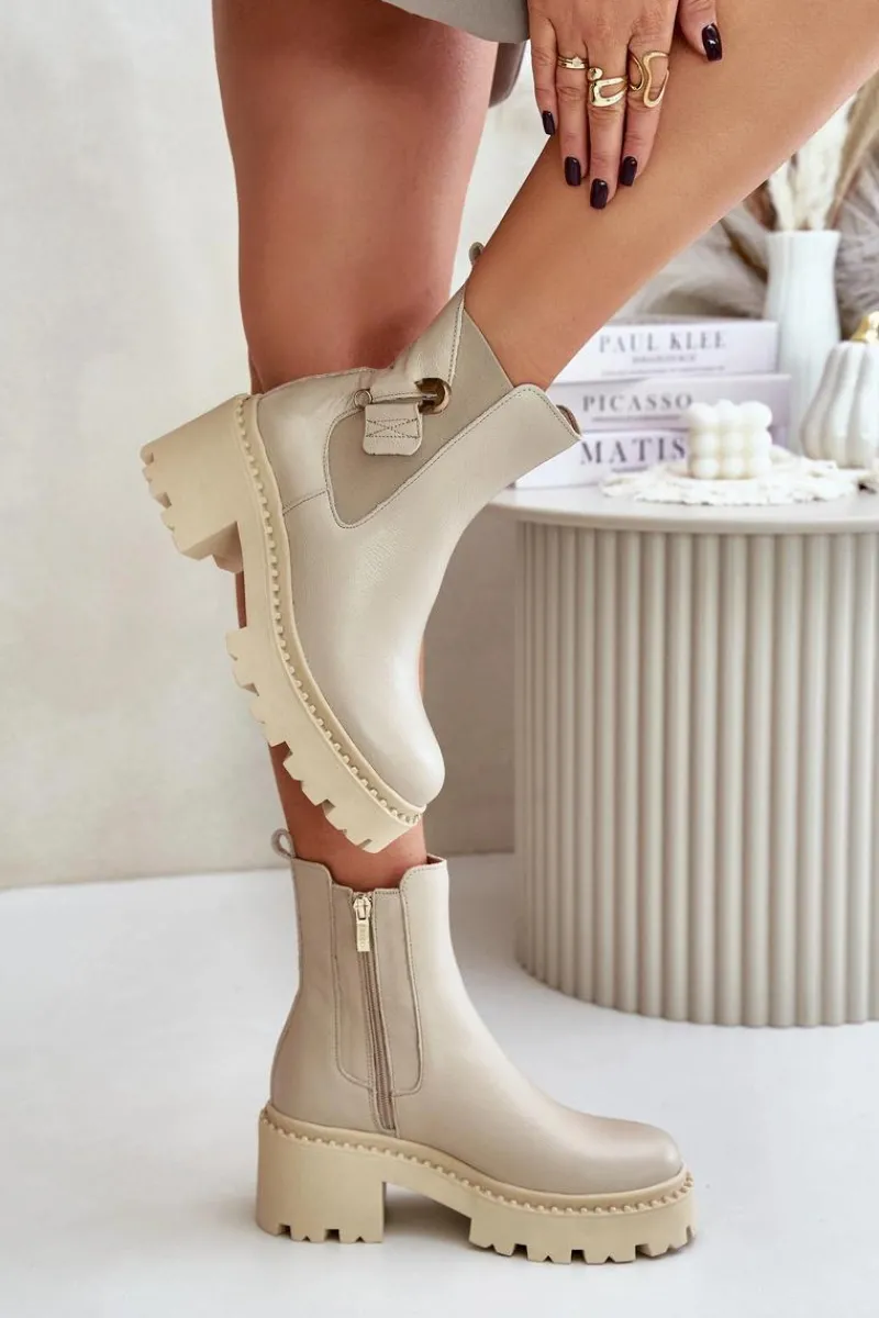 New 60490 Skórzane Ocieplane Botki Z Ozdobą Jasnobeżowe Damskie Botki Ocieplane|Botki Zimowe Damskie