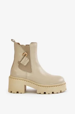 New 60490 Skórzane Ocieplane Botki Z Ozdobą Jasnobeżowe Damskie Botki Ocieplane|Botki Zimowe Damskie