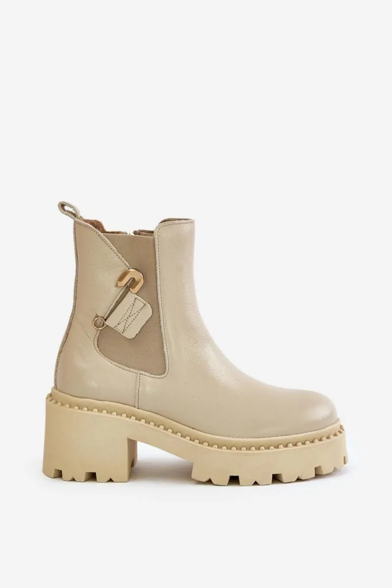 New 60490 Skórzane Ocieplane Botki Z Ozdobą Jasnobeżowe Damskie Botki Ocieplane|Botki Zimowe Damskie