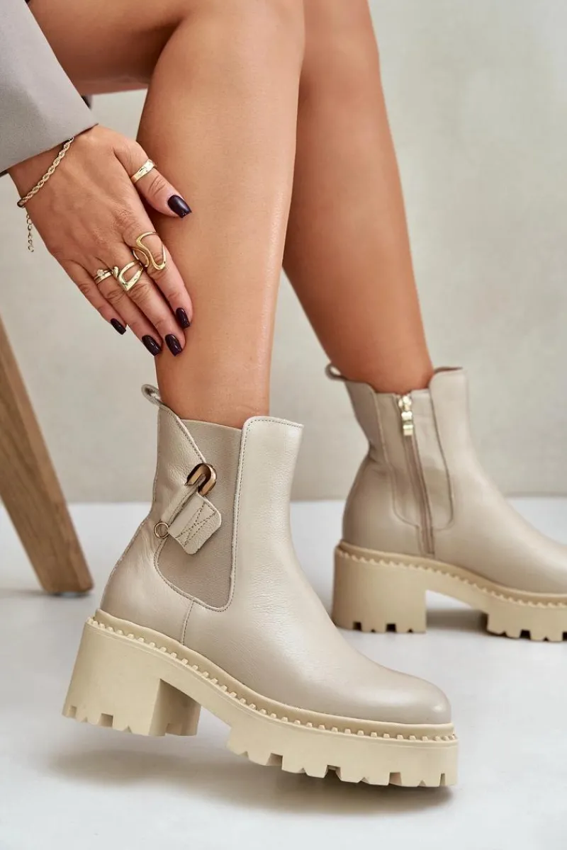 New 60490 Skórzane Ocieplane Botki Z Ozdobą Jasnobeżowe Damskie Botki Ocieplane|Botki Zimowe Damskie