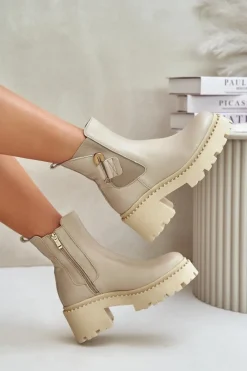 New 60490 Skórzane Ocieplane Botki Z Ozdobą Jasnobeżowe Damskie Botki Ocieplane|Botki Zimowe Damskie