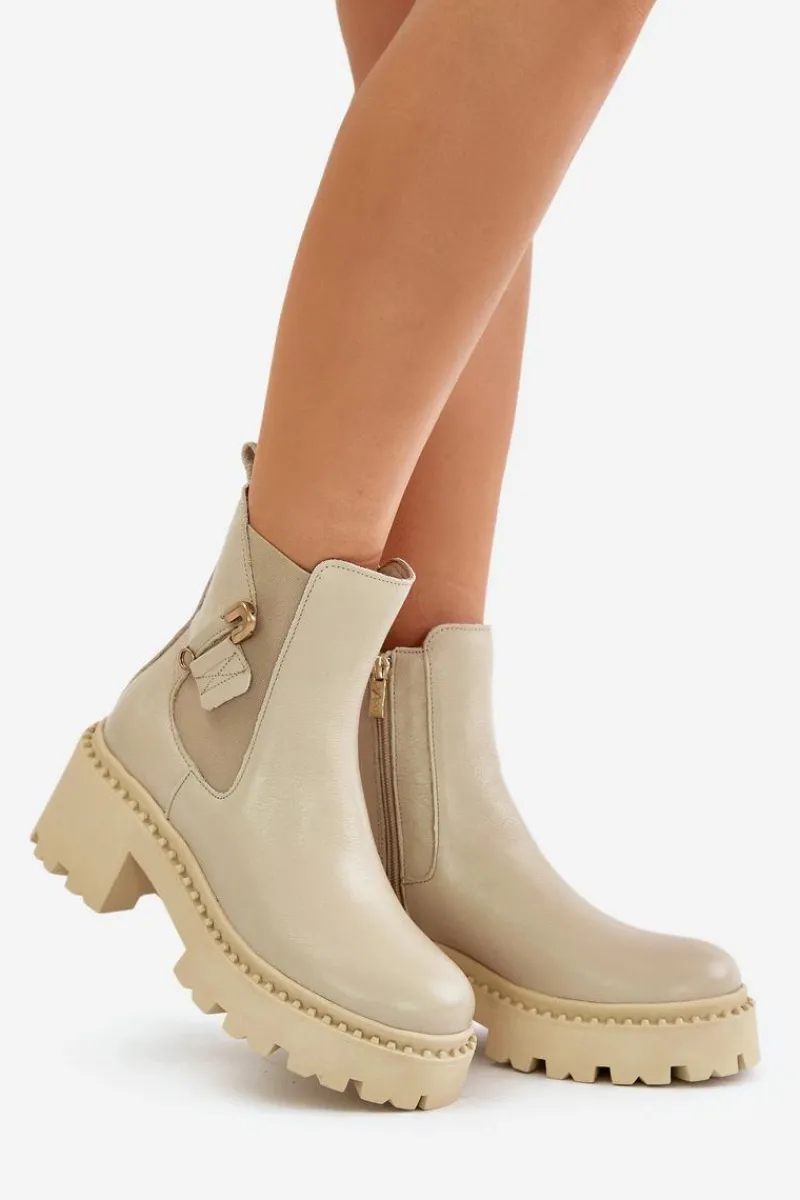 New 60490 Skórzane Ocieplane Botki Z Ozdobą Jasnobeżowe Damskie Botki Ocieplane|Botki Zimowe Damskie