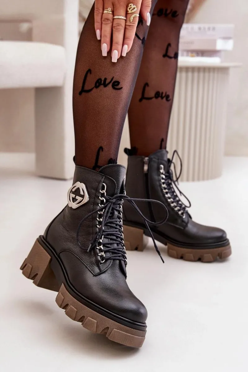 Damskie Trapery|Botki Skórzane>Boto Zazoo 60376 Skórzane Ocieplane Botki Na Suwak Czarne