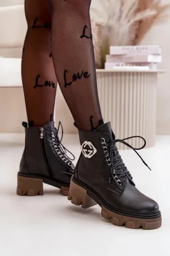 Damskie Trapery|Botki Skórzane>Boto Zazoo 60376 Skórzane Ocieplane Botki Na Suwak Czarne