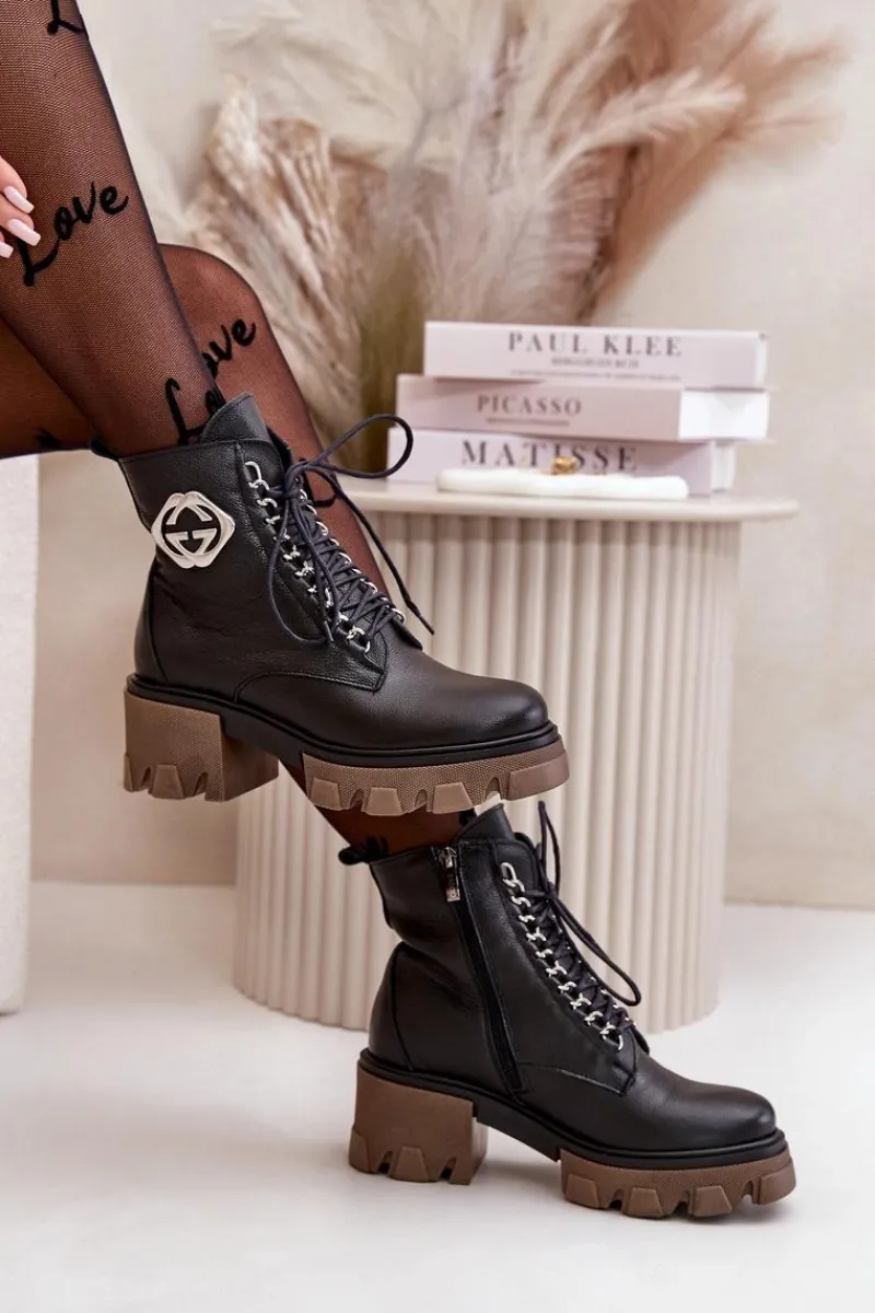 Damskie Trapery|Botki Skórzane>Boto Zazoo 60376 Skórzane Ocieplane Botki Na Suwak Czarne