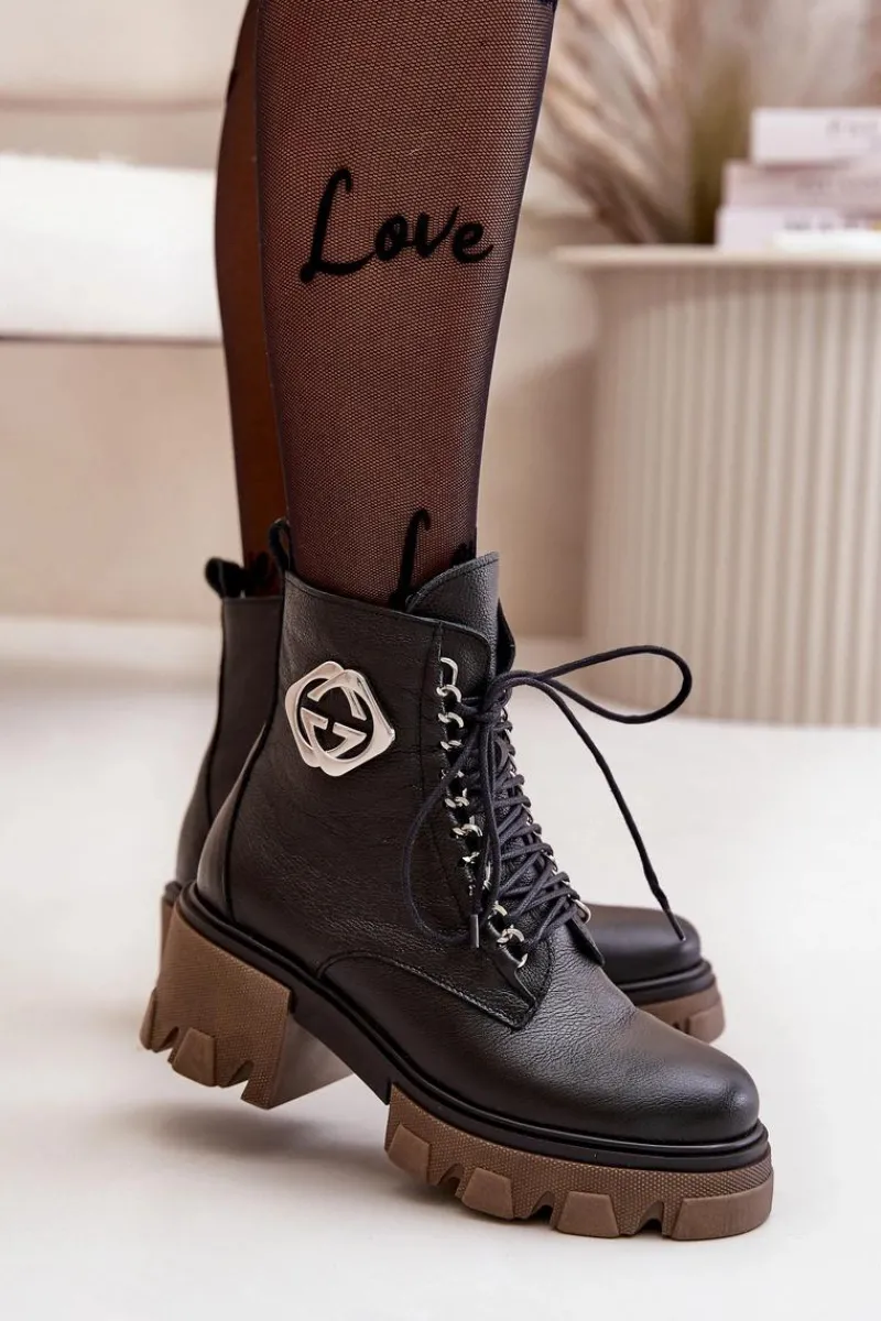 Damskie Trapery|Botki Skórzane>Boto Zazoo 60376 Skórzane Ocieplane Botki Na Suwak Czarne