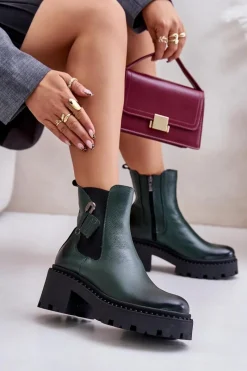 Botki Ocieplane|Botki Zimowe Damskie>Zazoo 60490 Skórzane Ocieplane Botki Z Ozdobą Ciemnozielone Zielony