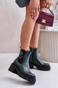 Botki Ocieplane|Botki Zimowe Damskie>Zazoo 60490 Skórzane Ocieplane Botki Z Ozdobą Ciemnozielone Zielony