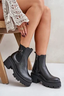 Hot Zazoo 60490 Skórzane Ocieplane Botki Z Ozdobą Czarne Czarny