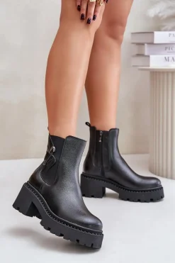 Hot Zazoo 60490 Skórzane Ocieplane Botki Z Ozdobą Czarne Czarny